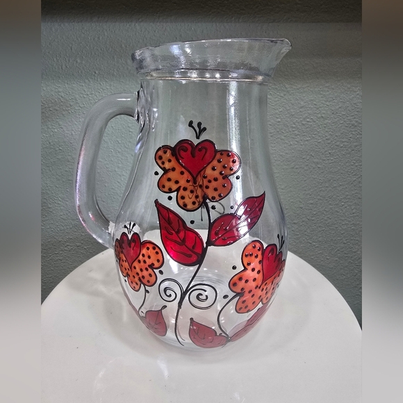 Italian Floral Glass Pitcher with Red and Orange Design - Picture 1 of 4